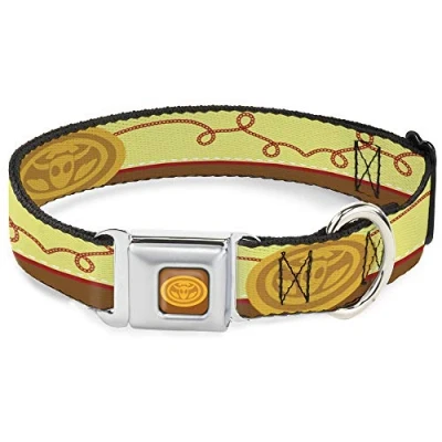 Image of Buckle Down Dog Collar Seatbelt Toy Story Woody Bounding Cowboy Yellow Red Brown 15 to 26 Inches 1.0 Inch Wide, Multicolor (DC WDY516 L)