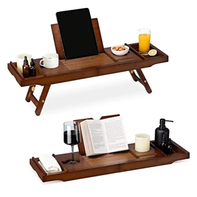 Image of Navaris Bed and Bath Tray Wooden Rack with Folding Legs Bamboo Bathtub Caddy Bridge Shelf Book or Tablet Stand Brown
