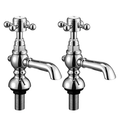Image of Wasserrhythm Basin Taps Pair Mixers Waterfall Victoria Traditional Bathroom Sink Mixer in Classic Cross Lever Chrome Brass