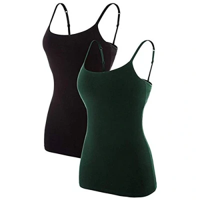 Image of CharmLeaks 2 Pack Women Cotton Vest Tops Strappy Camisole Tank TopLBlack &amp; Dark Green
