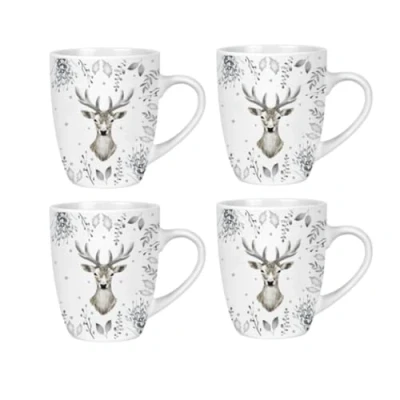 Image of Set of 4 White and Silver Christmas Mugs Stag Deer Foliage Print 350ml Mug Coffee Cups Xmas Gift Festive