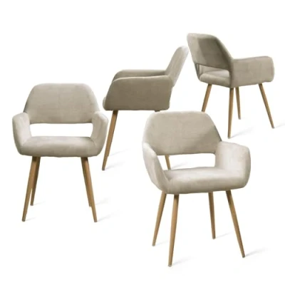 Image of MEUBLE COSY Dining Chairs Set of 4 with Arms Fabric Upholstered Seat Backrest Armchair for Dressing Table Desk Lounge Living Room Kitchen Bedroom Home Office, Metal Legs, Beige, 56x56x78cm
