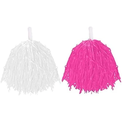 Image of CHEERLEADER POMPOMS FANCY DRESS COSTUME ACCESSORY LIGHTWEIGHT POM POMS WITH GRIP HANDLES FOR KIDS &amp; ADULTS. COLOUR: PINK WHITE
