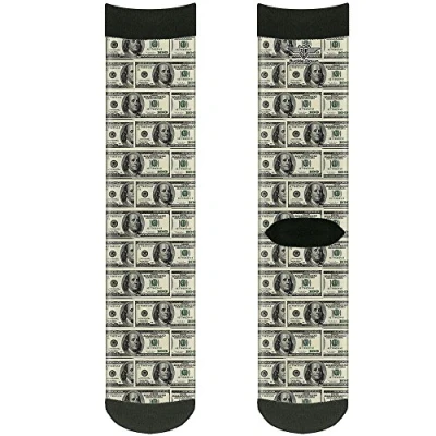 Image of Buckle Down Men&#039;s Socks 100 Dollar Bills Crew Backpacks, Multicolor