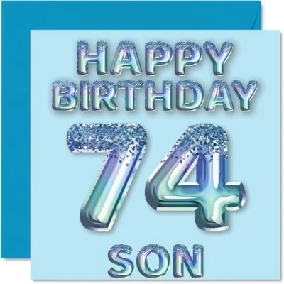 Image of 74th Birthday Card for Son Blue Glitter Party Balloons Happy Cards 74 Year Old from Mum Dad Parents, 145mm x Bday Greeting Gift