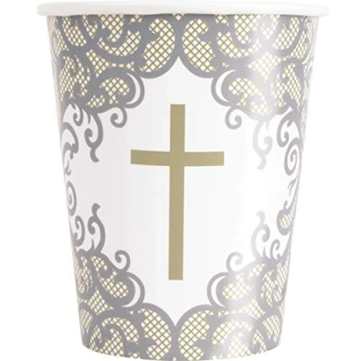Image of Fancy Gold Cross Paper Cups (255g Unique, Vibrant &amp; Elegant Design Perfect for Parties Celebrations 8ct
