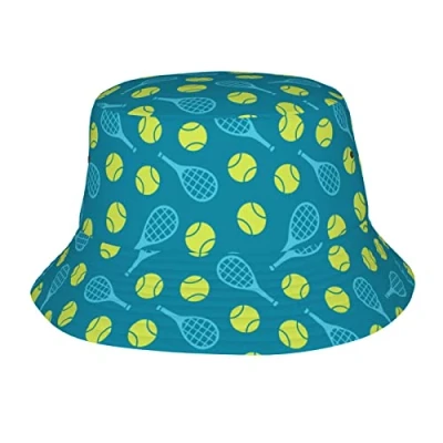 Image of Tennis Rackets and Balls Pattern Bucket Hat Fisherman Hats Wide Brim Packable Outdoor Summer Travel Beach Cap for Women Men Black