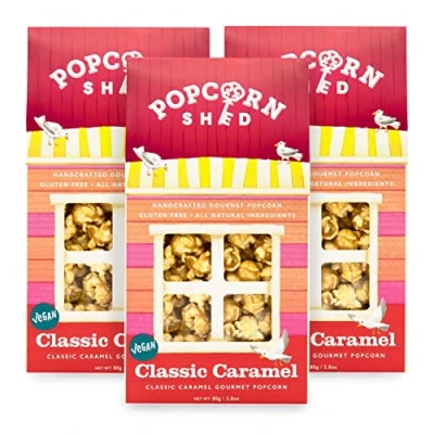 Image of Popcorn Shed 3 x Classic Caramel Gourmet Popcorn, Gift Box, Natural Flavour, Gluten Free, Vegan Movie Night Snack, 80 g