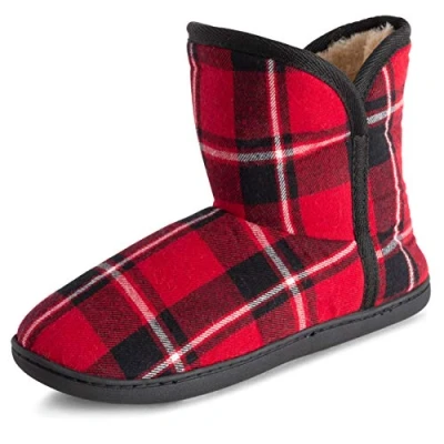 Image of Polar Womens Memory Foam Indoor Faux Fur Fleece Bootie Rubber Sole Comfort Outdoor Anti Slip Durable Slippers Red Tartan UK9/EU42 YC0752