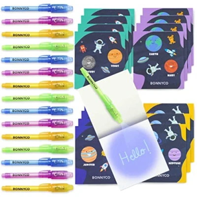 Image of BONNYCO Invisible Ink Pen and Notebook, Pack 16 Space Party Bags Fillers, Pinata Toys Birthday Decorations Stocking Fillers for Kids School Prizes, Gifts Children