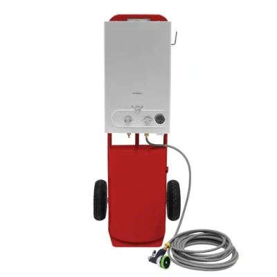 Image of Portable Horse Shower With Steel Trolley Red 18L Tankless Instant Hot Water Gas Boiler LPG Heater 10m Hose &amp; 9 Pattern Spray Gun Camping Outdoor 10&quot; Tyres Storage Tray Side Hook Accessories