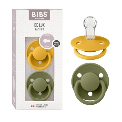 Image of BIBS De Lux Soother 2 Pack, BPA Free Dummy Pacifier, Round Nipple. Silicone, OneSize (0 36 Months), Honey Bee/Olive