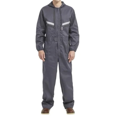 Image of Yukirtiq Men&#039;s Workwear Hooded Boilersuit Coverall with Multi Pockets, Heavy Duty Polycotton Overall Trousers Mechanics Boiler Suit Reflective Tape, Grey, S