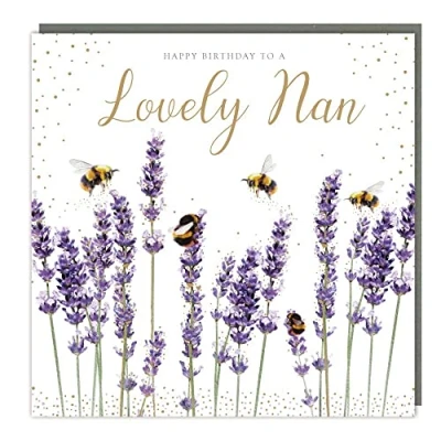 Image of Tracks Publishing Artistic Female &#039;Happy Birthday&#039; Greeting Card &#039;Lovely Nan&#039; Lavender &amp; Bees Illustration From The Sparkle Range Embossed With A Gold Foil Finish