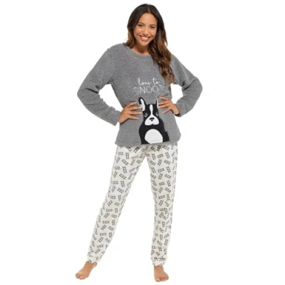 Image of undercover lingerie Ladies Frenchie Fleece Pyjamas LN1750 Charcoal/Cream 12 14
