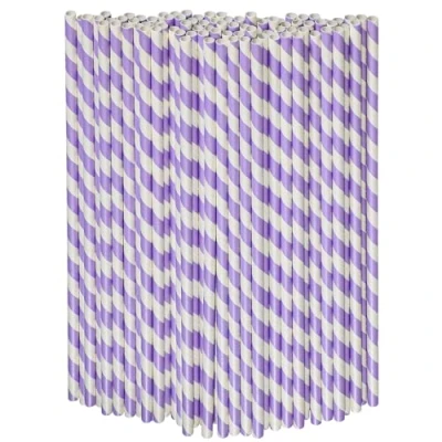 Image of 26 cm Extra Long Disposable Paper Straws 0.6 Diameter, Purple/White Striped, Pack of 100