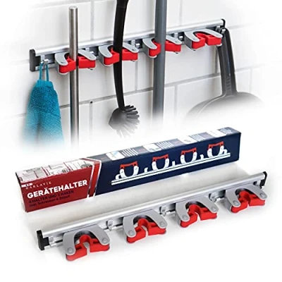 Image of Garlavie Mop and Broom Holder Wall Mounted 4 Holders, 5 Hooks, 45cm/18in Brush Garden Tool Rack &amp; Utility Room Storage Solutions