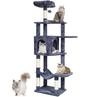 Image of VEVOR Cat Tree for Indoor Cats, 60.6&quot; Tower with Condo, Sisal Scratching Post, Hammock, Top Perch, Jumping Platforms, Large Furniture Activity Center Hang Ball, Light Grey