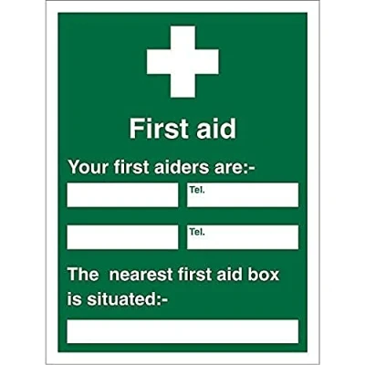 Image of Seco First Aid Your Aiders are/The Nearest Box is Situated Sign, 450mm x 600mm Self Adhesive Vinyl