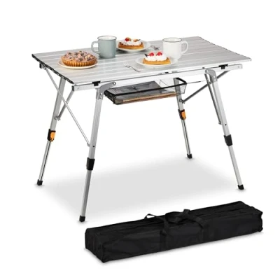 Image of Relaxdays Folding Table, Height Adjustable, Aluminium, Portable, Multifunctional Desk, for Camping Picnic &amp; More, Silver, 65 x 90 51 cm