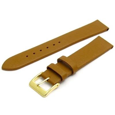 Image of Fine Calf Leather Watch Strap Band 18mm Tan with Gilt (Gold Colour) Buckle. Free Spring Bars (Watch Pins)