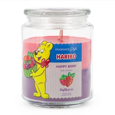 Image of Haribo Scented Candle in Glass with Lid Happy Berry Fruity Candles Long Burning Time (100 h) 2 Layers Large (510 g)