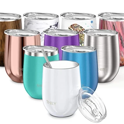 Image of THILY Vacuum Insulated Stemless Wine Tumbler T1 Stainless Steel Travel Glass Cup for Wine, Coffee, Cocktails, with Lid, Reusable Straw, 350 ml, Pearl White