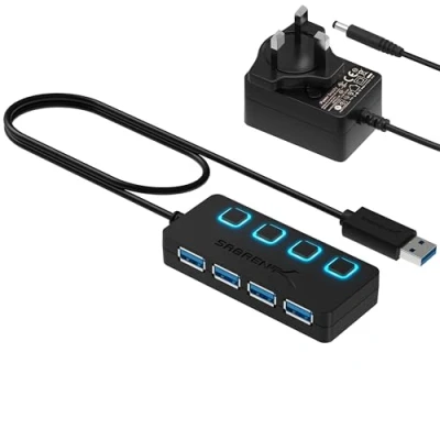Image of SABRENT Powered USB Hub, 4 Port 3.2x1 5Gbps, 3 Splitter, On/Off Switch LED Indicators, 68cm (2ft) Cable for PC, Laptop, iMac, MacBook (HB UMP3)