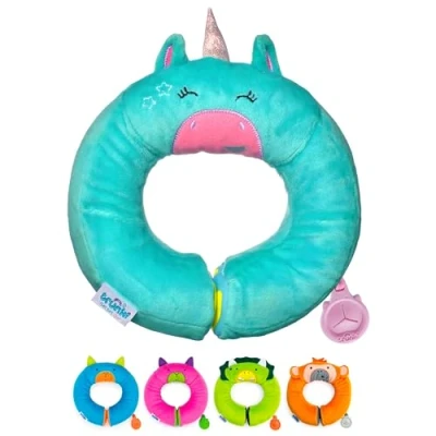 Image of Trunki Kid&#039;s Travel Neck Pillow And Chin Rest Support Sleepy Heads in the Car Seat, Plane, Bike or Pram Yondi SMALL Una Unicorn (Turquoise)