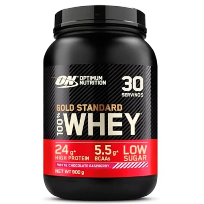 Image of Optimum Nutrition Gold Standard 100% Whey Muscle Building and Recovery Protein Powder With Naturally Occurring Glutamine BCAA Amino Acids, White Chocolate Raspberry Flavour, 30 Servings, 900 g
