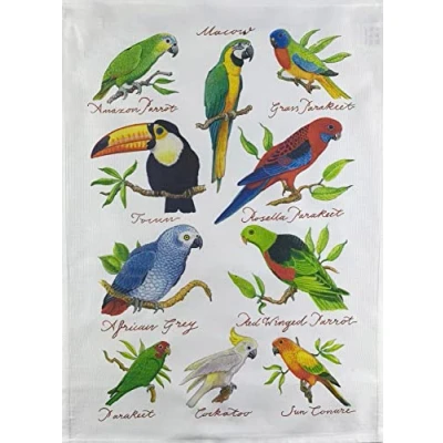 Image of Half a Donkey Hand Drawn Tropical Birds Collection Large Cotton Tea Towel