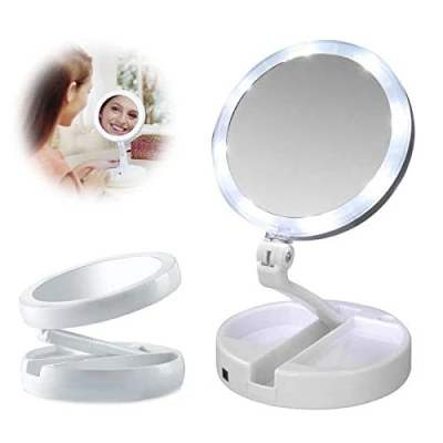 Image of Portable Folding Makeup Mirror 1X/10X Magnifying LED Light Up Double Side 270Rotation Tabletop Batteries or USB Charging