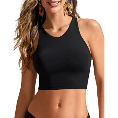 Image of CRZ YOGA Women&#039;s Racerback Bikini Tops Quick Dry Modest Swimsuit Top Sports Padded Bathing Suit Black 14
