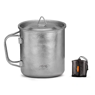Image of TiTo Titanium Cup Camping Tea Coffee Water Mug Ultralight Portable Cookware 450ml Foldable Handle Pot with Lid for Outdoor Backpacking Hiking Picnic Drinkware Open Fire (Bright Titanium)