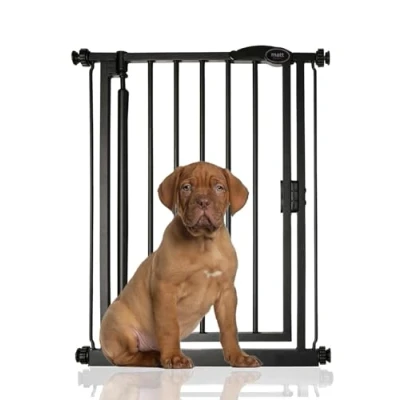 Image of Bettacare Auto Close Pet Gate, 61cm 66.5cm, Matt Black, Extra Narrow, Narrow Pressure Fit Stair Gate for Dog &amp; Puppy, Safety Barrier Doors Hallways and Spaces, Easy Installation