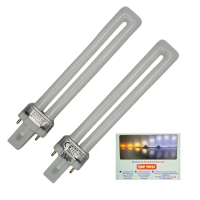 Image of LevoLutz G23 2 Pin Bulb Bundle with Osram Dulux S 9W 827 Warm White Light Bulb, Pack of 2, Includes Colour Temperature Info Card.