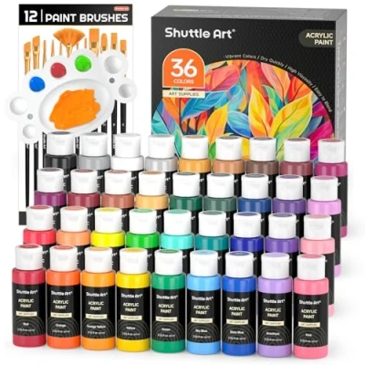 Image of Shuttle Art Acrylic Paint Set, 36 Colours (60ml, 2oz) with 3 Brushes &amp; 1 Palette, Craft painting, Rich Pigments,Non Toxic for Artists,Beginners and Kids on Rocks, Crafts, Canvas,Wood, Fabric, Ceramic
