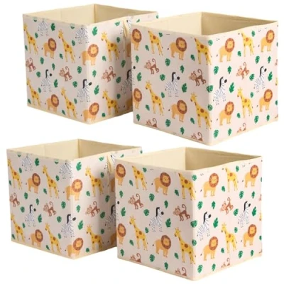 Image of OHS 4 Pack Kids Storage Boxes for Shelves, Safari Print Space Saving Foldable Box Toys Games Clothing Organiser Cubes Bedrooms Nursery, Beige