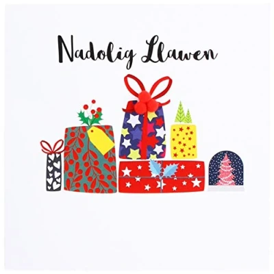 Image of Welsh Language Embellished Christmas Greeting Card, Nadolig Llawen, Merry Christmas, Pile of Presents, WJOL003