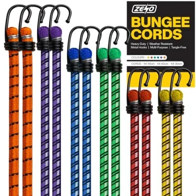 Image of ZENO Bungee Cords With Hooks 12 PCS Cord Heavy Duty Weatherproof &amp; UV Resistant Elastic Straps Double Braided for Securing Tarps Luggage Tents Bikes