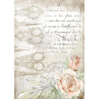 Image of Stamperia INTERNATIONAL, KFT Rice Paper Romantic Threads Scissors and Roses, Multicoloured, A4