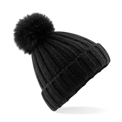 Image of Beechfield Verbier Faux Fur Pop Pom Chunky Beanie Black