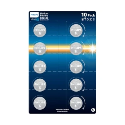 Image of Philips Lithium 3 Volt CR2430 Batteries Suitable for Clocks, Thermometers and Key Fobs, Pack of 10