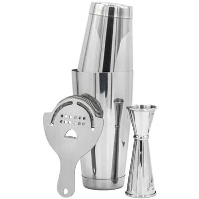 Image of Boston Shaker 3 Piece Set: Cocktail Shaker, Japanese Style Jigger and Hawthorne Strainer
