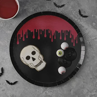 Image of Ginger Ray Blood Splatter Red and Black Halloween Paper Party Plates Pack of 8, 25 Centimeters