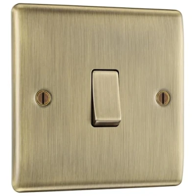 Image of BG Electrical Single Wall Light Switch, 2 Way, Raised and Slim Profile, Round Edges, Nexus Metal, Antique Brass, 20A, 16AX, NAB12