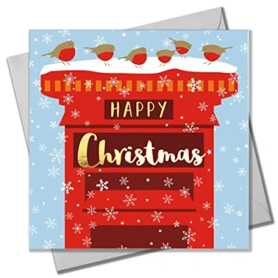 Image of Christmas Card, Robins on a Postbox, text foiled in shiny gold