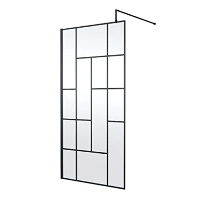 Image of Hudson Reed WRSFB10 Abstract Modern Bathroom &#039;Shower Shield&#039; Coated Framed Wall Fixed 8mm Toughened Safety Glass Wetroom Screen with Support Arm, 1000mm, Matt Black