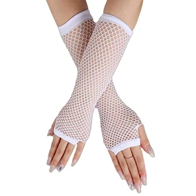 Image of Long Fishnet Gloves, White Fingerless Arm Warmers Mesh Fancy Dress Punk Accessory for Women Girls Kids 80s Costume Evening Party Supplies Tutu Rave Hen Night