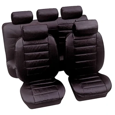 Image of Carseatcover UK Heavy Duty Black Leather Look Car Seat Covers Full Set, Made in UK, Premium Quality Universal Fit Protectors, Front &amp; Rear / Back Cover for Dogs, Children, Mechanics, Taxi Drivers